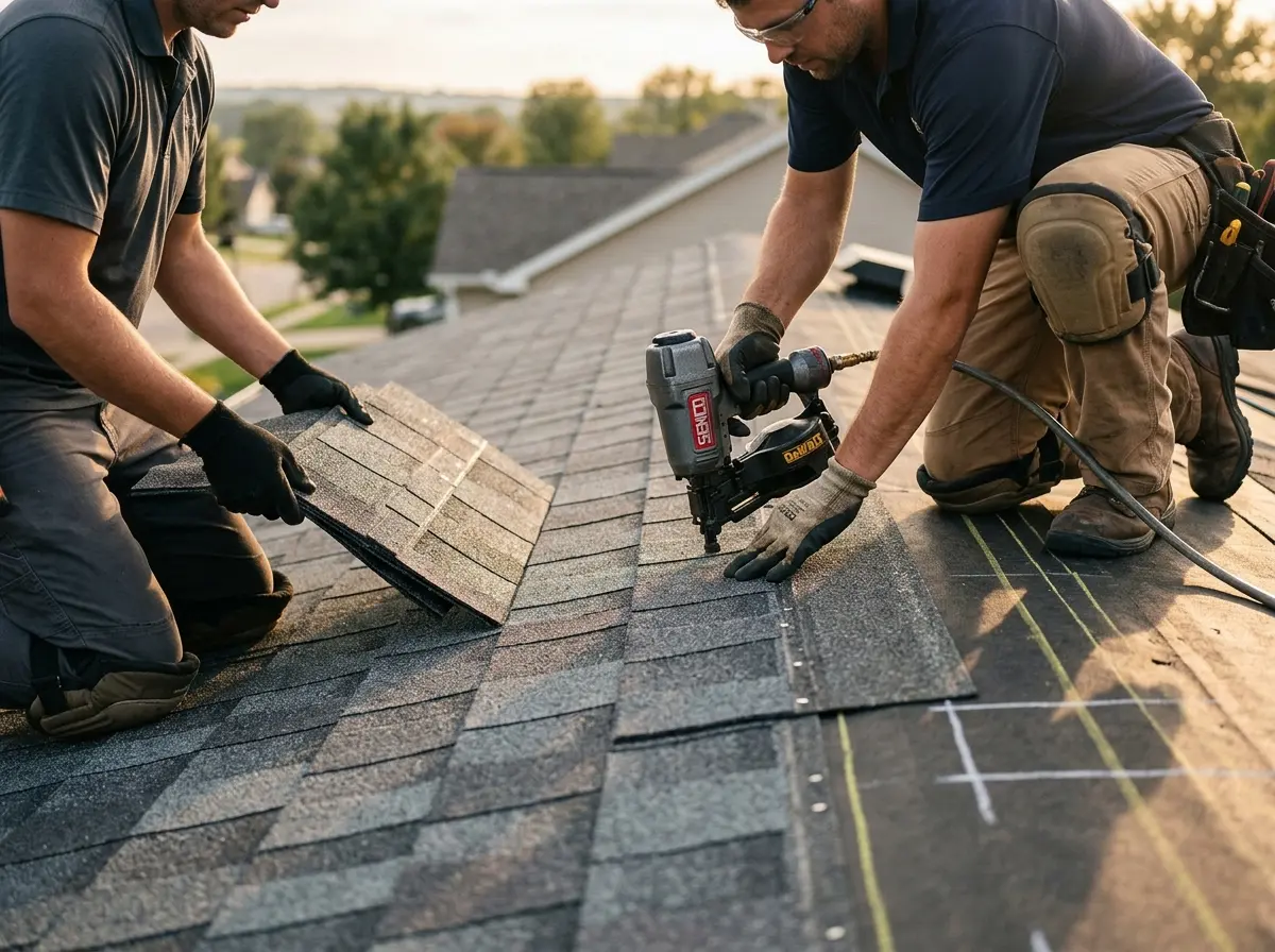 Professional roofer working on a residential roof in Port Washington